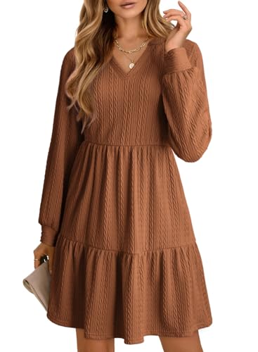 Dokotoo Fall Dresses for Women 2025 Long Sleeve V Neck Textured Casual Lightweight Tiered Ruffle A-Line Mini Babydoll Dress