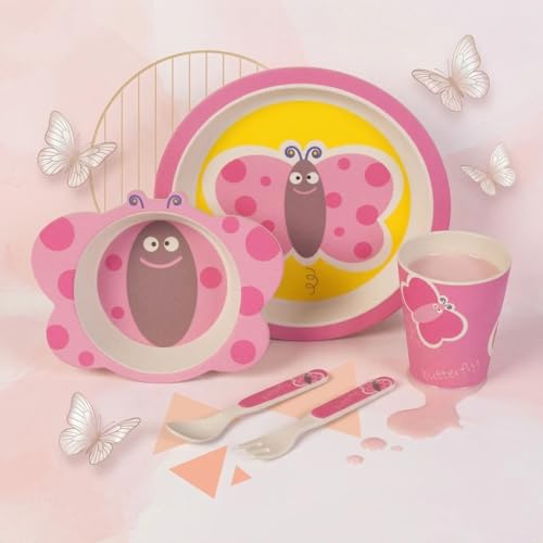 Image of Bamboo Kids Feeding Set of 5 |Kids Crockery Set Tableware |Baby Utensils and Dishes Set | Eco-Friendly |Organic & Natural (Butterfly)