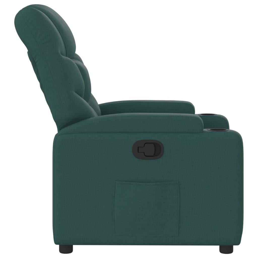 Relaxsessel Dunkelgrün mit manueller Liegefunktion, 74x89x100 cm, Stoffbezug, Getränkehalter und Seitentasche, Robustes Metall-Holz-Gestell für Wohnzimmer und Home-Cinema