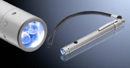 Close-up of the Coast LED Lenser LL7533/2 Camp Light showing the three LED bulbs at the head and the power button on the side of the silver body.