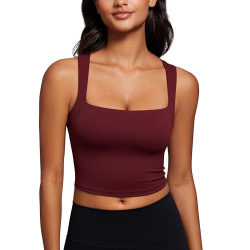 CRZ YOGA Butterluxe Womens Longline Square Neck Sports Bras - Basic Crop Tank Yoga Workout Tops with Built in Pads Red Merlot Small