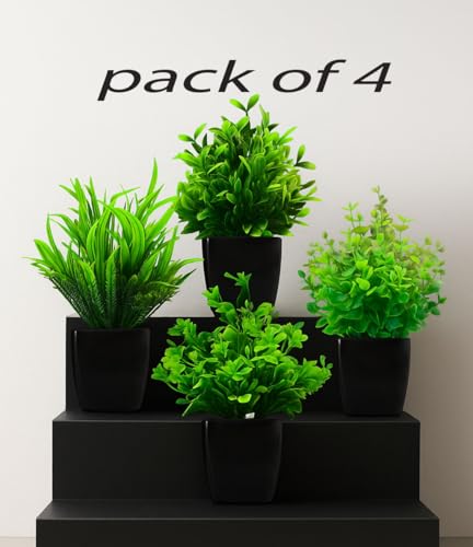 Image of Small Potted Faux Plant, Fake Green Grass Black Pot Pack of 4, Artificial Plants with Pot, Indoor Plant, Mini Fake Plants for Living Room Decoration, Balcony Decoration