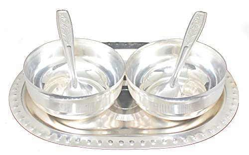 Anticia Handicrafts Anticia Metal Kitchen Curry Bowl and Serving Tray Decorative Dinning Table Serveware (8X6 inch, Silver Coated), Medium