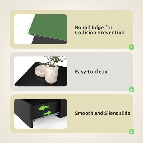 GOOBED LED Coffee Table with Storage, Glossy LED Coffee Tables for Living Room, Small Center Table with Open Display Shelf & Sliding Drawer, Rectangular Coffee Table, Black