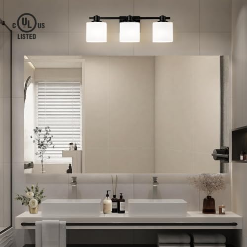 Image of 23 Inch Black Bathroom Light Fixtures over Mirror 3 Light Matte Black Vanity Light Milk Glass Makeup Shower Lamp Small Farmhouse Wall Sconce Modern Desk Vintage Rustic Bath above Sink Lighting