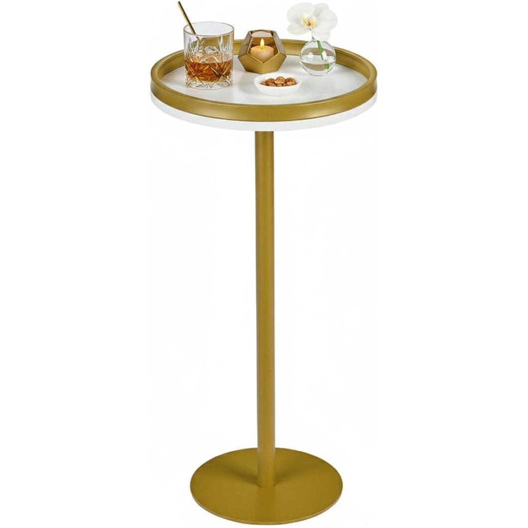 ZEXVIDA Martini Table, Small Round Drink Table with Weighted Base,Modern White & Gold Pedestal End Table with Tray Top Edge for Small Spaces, Living
