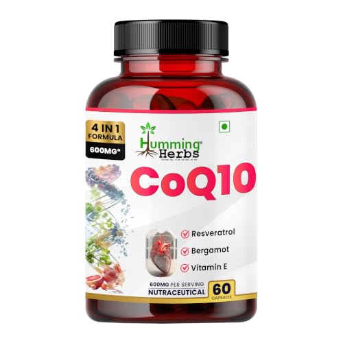 Image of Humming Herbs CoQ10 600mg Cellular Support Supplement with Resveratrol, Bergamot & Vitamin E - Heart Health & Energy Booster - Antioxidan 60 Caps