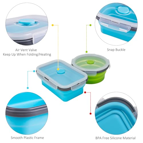 Collapsible Food Storage Containers with Lid & Air Vent, 8 Pack, 4 Rectangular + 4 Round, Annaklin Foldable Silicone Lunch Containers Collapsible Bowls Set, Microwave Freezer Dishwasher Safe, 4 Colors - Image 7