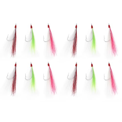 Briny River 12 Stück Bucktail-Teaser-Angelhaken Salzwasser-Flunder-Rig Angelhaken aus Edelstahl 96 Mm 3 G Bucktail-Mylar-Teaser Eingesetzt für Wels Kabeljau Flunder