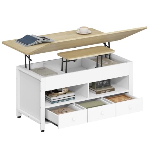 Hzuaneri Table Basse, Table de Salon Relevable, avec 3 Tiroirs et Rangement et Compartiment Caché, 50 × 100 × 45 cm, Convertible en Tables à Manger, pour...