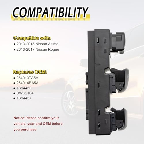 Bouton lève-vitre Nissan Rogue et Altima - Commande avant gauche de remplacement direct