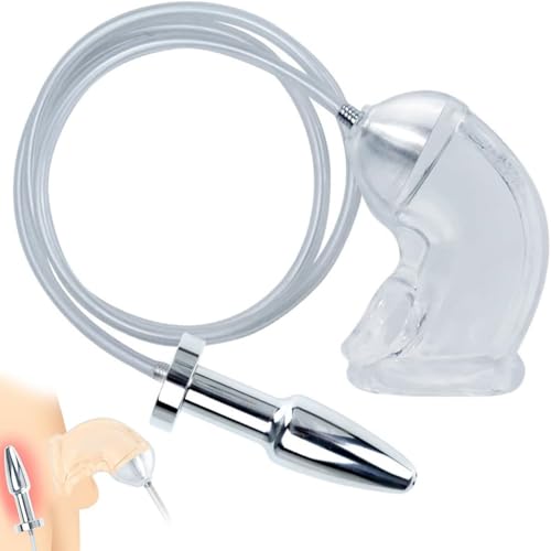 YILIUJIUJIU Male Chastity Device，Chastity Cage and Anal Plug Penis Cage with Metal Butt Plug for Flush Out Anal,Transparent Silicone Cock Cage with Anal Plug Douche for Men Sex Toys