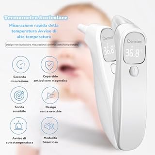 Berrcom Termometro Fronte e Orecchio Termometro Febbre Infrarossi Senza Contatto Termometro Neonato Digitale con Allarme Febbre, Lettura Istantanea, Interruttore °C/°F