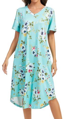 Image of Kabento Nightgowns for Women Cotton Short Sleeve Long Night Gowns with Pockets