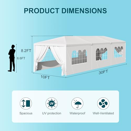 Image of 10x30 White Canopy Tent with 8 Removable Sidewalls and Windows, Waterproof Outdoor Backyard Party Gazebo for Birthday Wedding Graduation BBQ Reunion Markets
