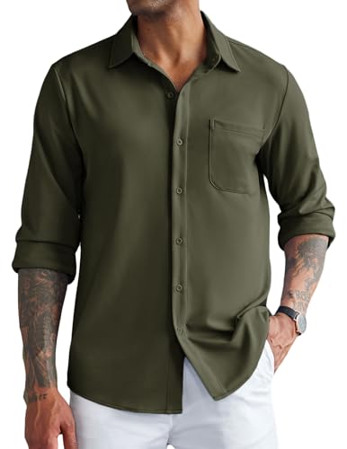 COOFANDY Mens Long Sleeve Shirt Plain Stretch Casual Non Iron Button Down Formal Shirts Regular Fit Armygreen L