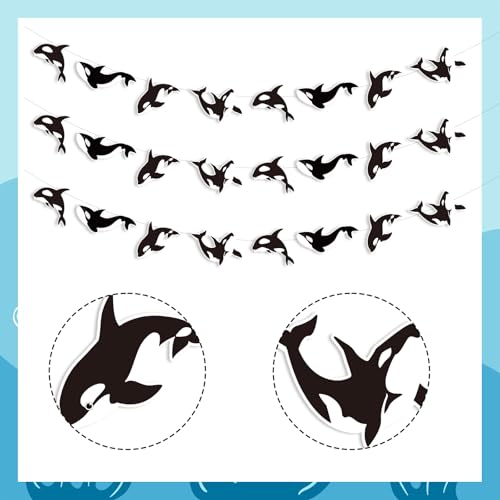 Image of Cheereveal 3 Pack Killer Whale Garlands, Black and White Orca Hanging Banners, Whales Animals Sea Creature Ocean Under The Sea Theme Baby Shower Birthday Party Decoration Supplies