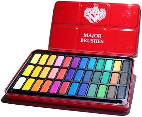 Major Brushes Artist Watercolour Paint Tin 36 Blocks Red Metal Lid