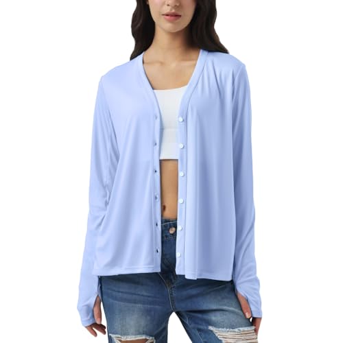 Womens Sun Protection Button Down Cardigan Lightweight Summer Cool Cover Up UPF50+ Long Sleeve Thin Spf Uv Thumb Hole Pockets