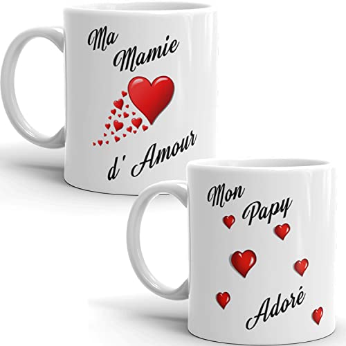 Mug duo mamie d'amour papy adoré je t'aime duo de tasse grand père grand mère haute Qualité avec coeurs Idée Cadeau Originale Famille anniversaire noel fete réalisé en France Cover