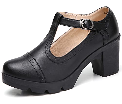 DADAWEN Women's Leather Classic T-Strap Platform Chunky Mid-Heel Square Toe Oxfords Dress Pump Shoes Black US Size 4.5