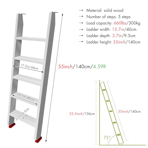 Image of 50 inch 55 inch 60 inch White Wood Bunk Bed Ladder, Lofted /Dorm /RV Bed Bunkbed Ladders with 4in Extra Wide Steps and Non-Slip Pads, Replacement Wooden Ladder for Motorhome /Camping (White, 55in /140cm)