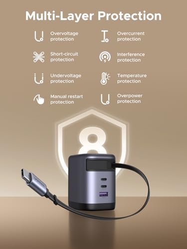 UGREEN Nexode 100W GaN USB C Retractable Charger with Built-in Cable, 3-Port Fast Charging Wall Adapter for Laptop, MacBook Pro/Air, iPhone 17/16, Galaxy S25, Pixel, iPad, MatePad, DJI Drone