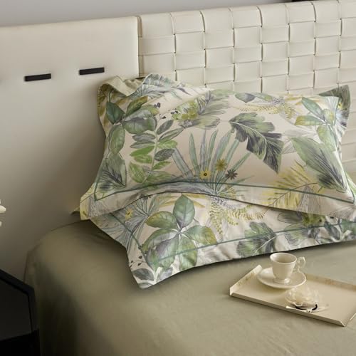 VM VOUGEMARKET Tropical Green Duvet Cover King 100% Brushed Cotton Coastal Leaves Bedding Set 1 Hawaiian Botanical Duvet Cover with 2 Pillow Shams-104x90 Inch