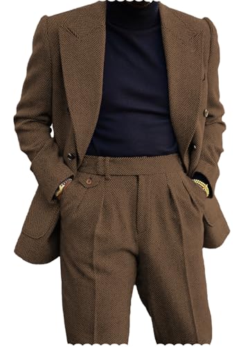 Men's 2 Piece Tweed Herringbone Suit Double-Breasted Tuxedo Party...