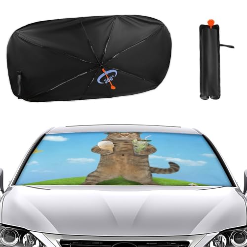 おもしろ 猫 猫柄 面白い ねこ 車用 サンシェード 傘型 折り畳み式 フロントガラス用 車用パラソル 日よけ 遮光 強力断熱 日焼け対策 車内用品 UVカット 暑さ対策 紫外線反射 車中泊 仮眠 プライバシー保護 盗難防止 取付け簡単 収納便利 収納ポー