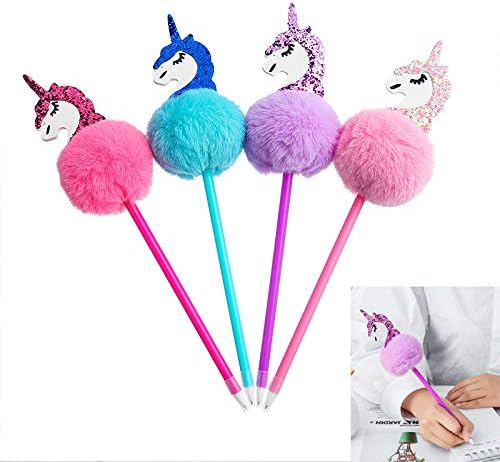 Abhay 4 Pack Unicorns Pom Pom Pen Novelty Pen Colorful Fluffy Ball Pen for Unicorns Party Supplies