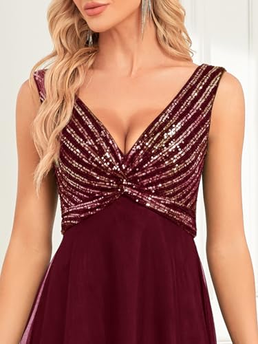 Women Sequin Maxi Formal Evening Party Dresses Glitter V Neck Empire Waist Sleeveless Tulle Wedding Guest Dress Burgundy XL4