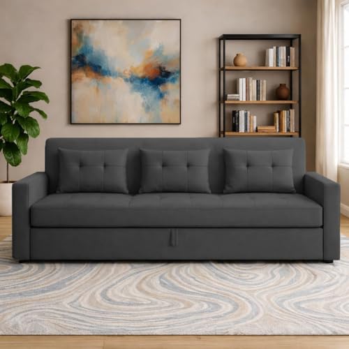 Image of Casaliving Treshta 3 Seater Pull-Out Premium Fabric Sofa Cum Bed Sofa Set for Living Room (Black Fabric Color) Premium Fabric Sofa Set for Living Room Sofa Cum Bed Sofa