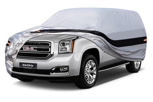 Image of Holhtly Car Cover Custom Fit for GMC Yukon, Car Covers for Automobiles All Weather Waterproof Sun Snow Rain Wind Dust Protection, Outdoor Car Cover Gray & Black