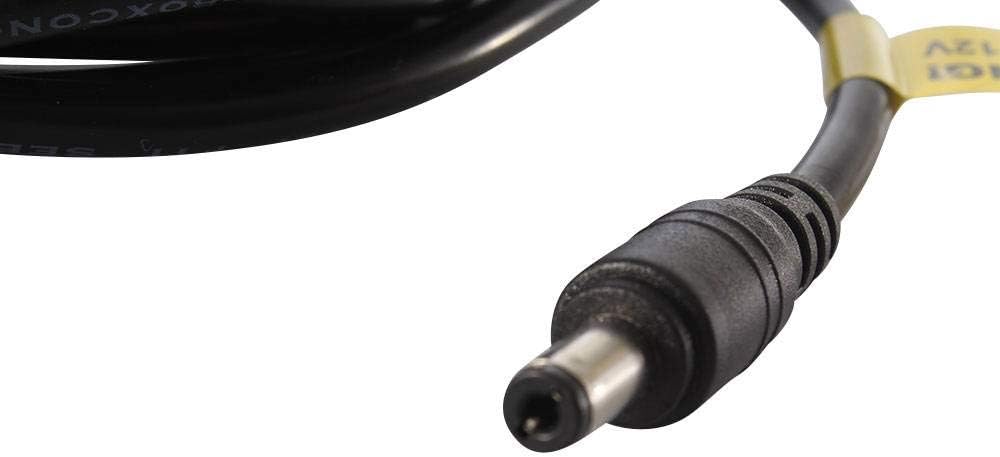 Close-up of the barrel connector with a yellow 'WARNING! ONLY 12V' tag.