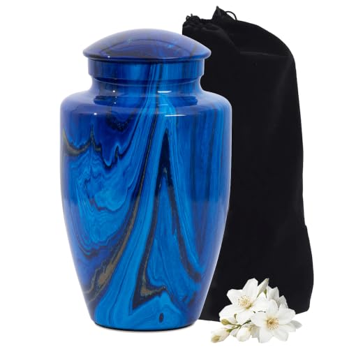 Image of Handcrafted Cremation Urns for Human Ashes Adult Man and Woman | Large Urns for Ashes Adult Male and Female,Decorative Funeral Urns - Memorial Urn with Blue Marble Finish(Up to 200IBS)