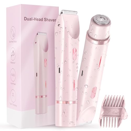 JD PRO 2 in 1 Lady Dual-Head Shaver, IPX7 Electric Lady Shavers for Women, Bikini Trimmer Women Wet and Dry, Waterproof Rechargeable Electric Razor for Bikini Underarms Legs Arms Body Face (Pink)