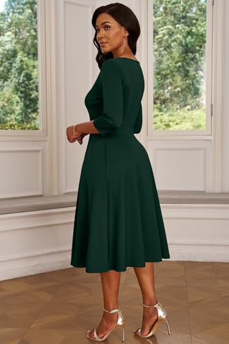 Image of Nmoder Women's A-Line Midi Dress 3 /4 Sleeve V-Neck with Pockets | Midi dress for work, church, flattering high-waist A-line back zipper for easy on /off, side pockets for convenience