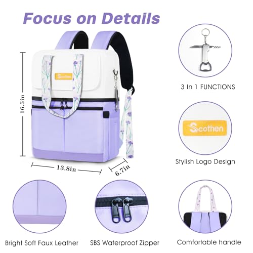 Image of Scothen Backpack Cooler with Double Decker & 12 Ice Packs- Keeps 36 Cans Cold for Up to 24 Hours- Waterproof & Leak Proof Insulated Cooler Backpack- Stylish Cooler Bookbag for Women Travel Work Beach