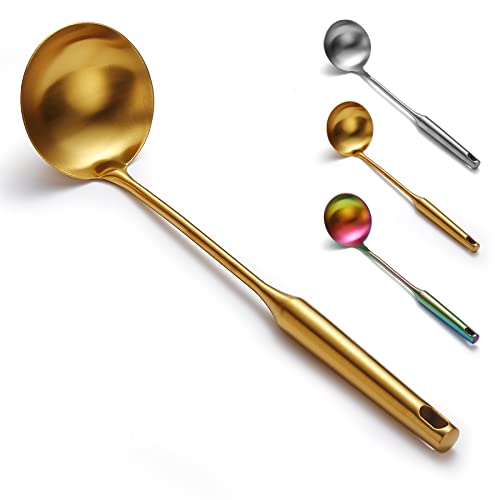 Gold Kitchen Ladle, Evanda Titanium Golden Plating Stainless Steel Cooking Soup Ladle, Sturdy and Heavy Duty Design Ladel, Heat-proof, Easy to Store and Dishwasher Safe