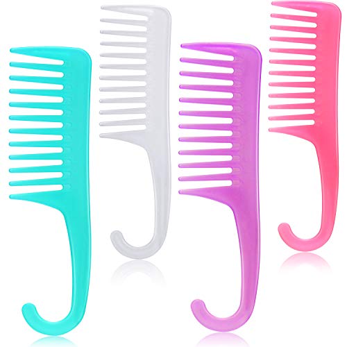 4 Pieces Wide Teeth Combs Detangler Shower Comb With Hook, Detangling Hair Brush Anti-static Large Tooth Wet and Dry Hair Comb Salon Shampoo Comb for Long or Curly Hair, Blue, Purple, Pink and White