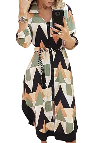 Image of YMING Womens Long Sleeve Button Down Shirt Dresses Casual Floral Print Maxi Dress Loose Fit Split Blouse Dress