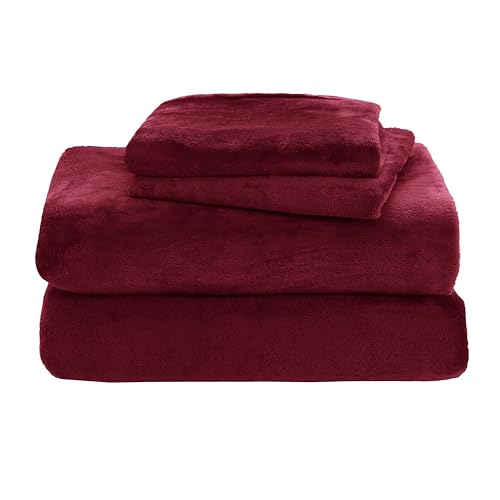 Elegant Comfort Luxuriously Soft 4-Piece Velvet Plush Flannel Sheet Set - Premium Quality - Cozy Warm, Anti-Static, Non Pilling Fuzzy Velvet Flannel Fleece Deep Pocket Sheet Set - Twin XL, Burgundy