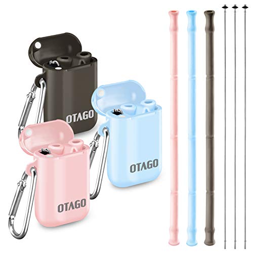 OTAGO Collapsible Reusable Straws 3 Pack, Food-Grade Foldable Silicone Drinking Straw with Portable