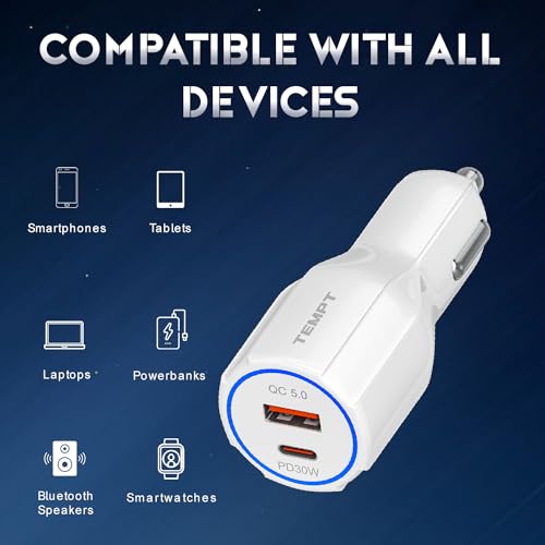 Image of Tempt 60W Thunderbolt Fast Car Charger with Dual Output, 60 Watts Total (30W USB QC 5.0 + 30W Type C PD), Fast Charging, Adapter for iPhone & Android Smartphones and Tablets (White)