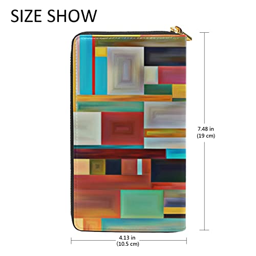 Colorful Checker Plaid Multicolored Stripes Abstract Wood Style Paint Leather Long Wallet Organizer with Zipper Purse Clutch Bag for Women Men4