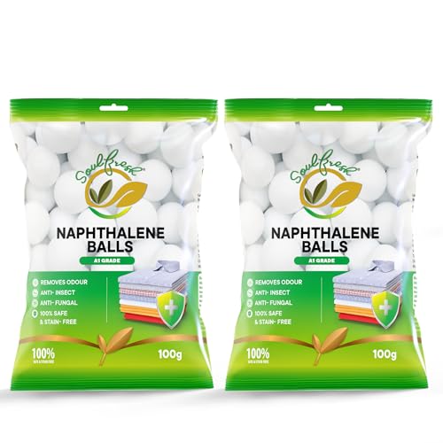 Image of SOULFRESH Naphthalene Balls White Kapoor Goli Stain-Free Insect Repellant Mothballs Sanitary Cubes for Commercial Use Cloth Wardrobe, Almirah, Bookshelves, & Drawers- 100g Pack of 2 (Total 200gm)