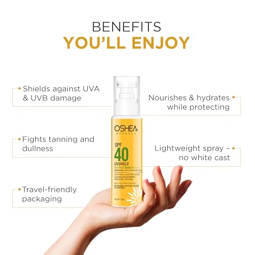 Image of Oshea Herbals SPF 40 UVshield Non Greasy & Water Resistant Spray Sunscreen for All Skin Types | Protection from UVA & UVB, Removes Tanning | Enriched with Licorice & Chamomile Extract 120g