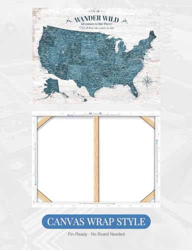 Image of IPIC - USA Push Pin Travel Map on Canvas, Large Wall Art of US Map for Travel Tracking, Modern USA Maps for Wall Decor to Mark Places Traveled, Gift for Travelers, Made in USA