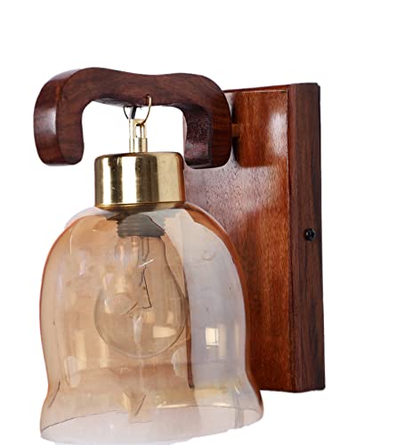 Image of Green House Handmade Sheesham Wood Wall Light /Lamp /U-Downlight Design /Lustre Bell Glass /E27 Bulb Holder(Bulb not Included) /Living Room,Bedroom,Hall /Luxurious /Classic Home Decor Lighting